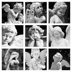 group of images with cemetery angelic figurines