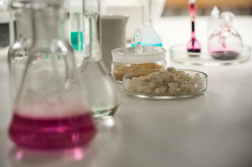 Test tubes, flask and glassware closeup