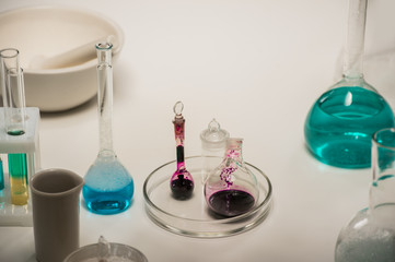 Group laboratory flasks liquid table