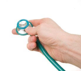 Hand holding a stethoscope isolated on white background