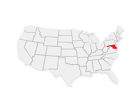 Three-dimensional map of Maryland. USA.