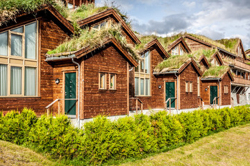 Fototapeta na wymiar Typical norwegian house with grass on the roof