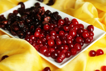 Fresh and dry cranberry in plate on fabric close-up