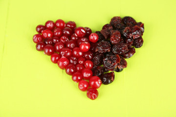Fresh and dry cranberry on wooden table close-up