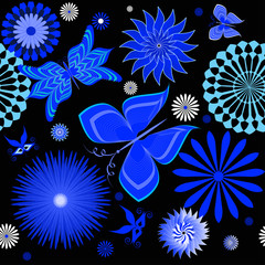 Seamless background with flowers and butterflies