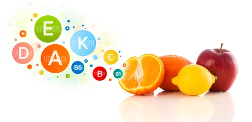 Fotobehang Healthy fruits with colorful vitamin symbols and icons © ra2 studio