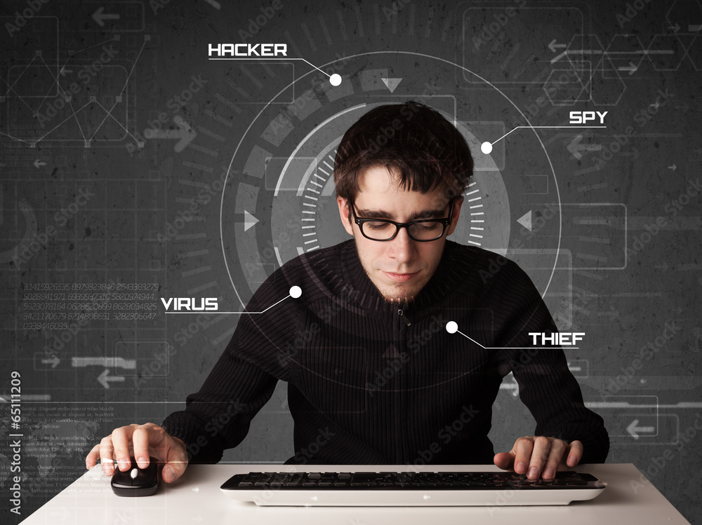 Poster young hacker in futuristic enviroment hacking personal informati