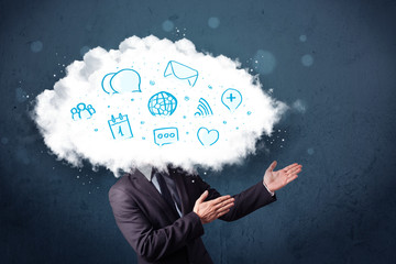 Man in suit with cloud head and blue icons