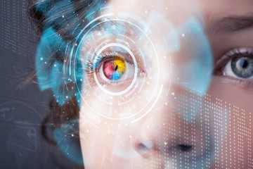 Future woman with cyber technology eye panel concept
