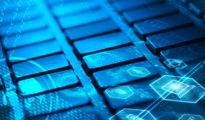 Keyboard with glowing multimedia icons