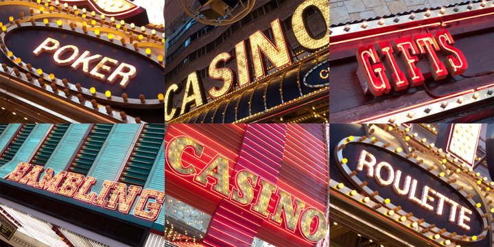 Low angle view of assorted neon signs, Las Vegas, Nevada, USA