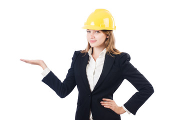 Pretty businesswoman with hard hat holding hands  isolated on wh