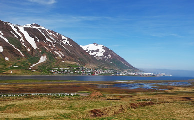 Iceland landspace with fjord and mountain