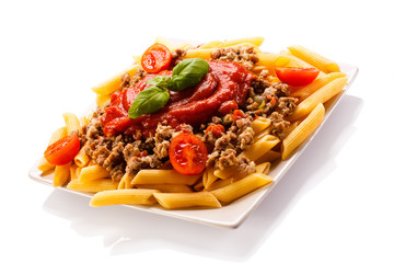 Pasta with meat, tomato sauce, parmesan and vegetables