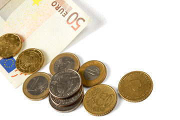 Money: euro coins and bills close up