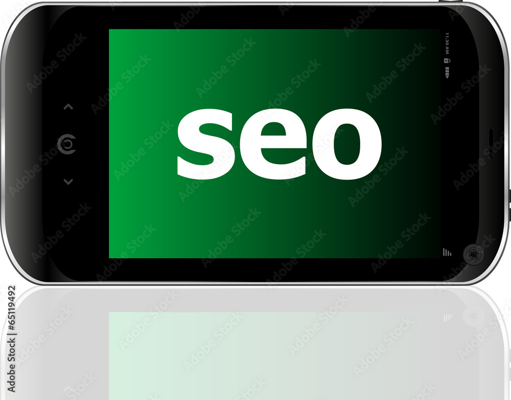 Poster web development concept: smartphone with word seo on display