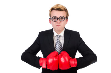 Young businessman boxer isolated on white