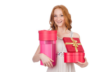 Woman with gift box isolated on the white