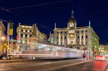 Tram passing Piazza Cordusio in Milan, Italy