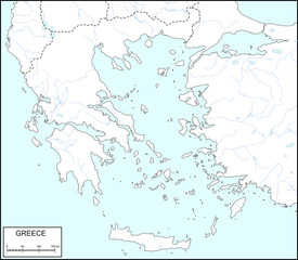 Contour map of Greece with rivers and lakes