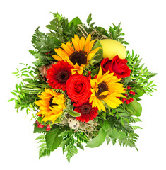 colorful spring flowers. sunflower, roses, gerber
