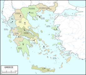 Contour map of Greece with regions, rivers and lakes
