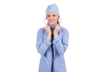 Woman doctor isolated on white