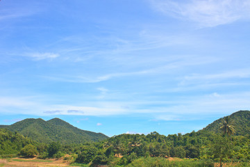 Fototapeta na wymiar green mountains and blue sky on background