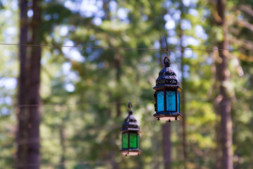 Fototapeta na wymiar Hanging Vintage Wedding Lantern Lights