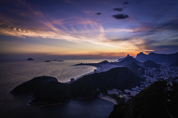 Sunset over Copacabana Beach in Rio de Janeiro, Brazil