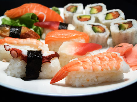Assorted sushi served in a plate