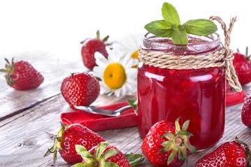 .Fresh and healthy homemade strawberry jam on the table