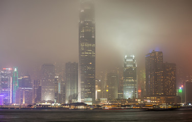 Hong Kong Island skyline on a foggy night