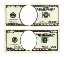 Hundred and fifty dollars bills on white background.