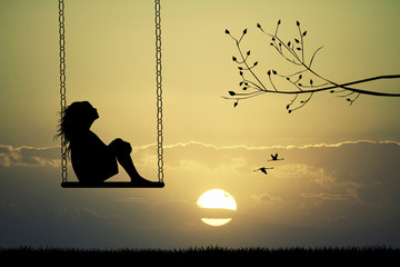 Girl on swing at sunset - obrazy, fototapety, plakaty