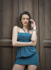 Fototapeta premium Elegant attractive young woman against wood door