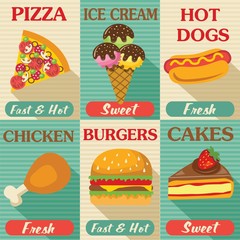 Fast food posters set with flat design. Vector background
