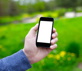 male hand holding a phone with isolated screen