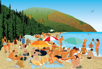 Beach people mountains sea