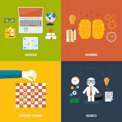 Icons for education, headwork, strategy, business.