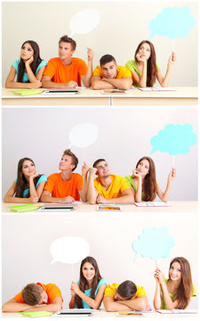 Collage Of Group Of Young Students With Empty Think Bubbles