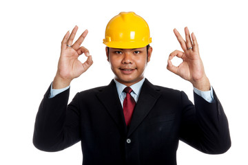 Asian engineer man show OK sign with both hand