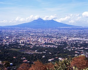 View across city to Mount Vesuvius, Naples, Italy.