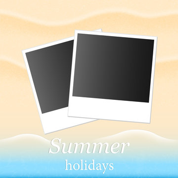 Summer background with beach sand and sea and photos