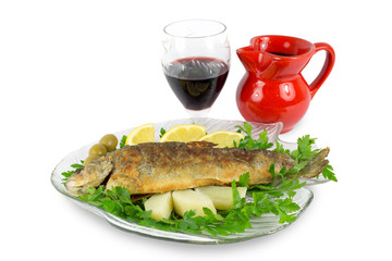 Roasted trout with parsley,lemon,potato,olives and wine