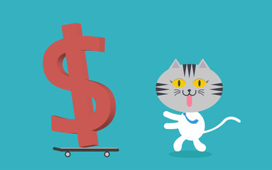 Cat run to money on money with skateboard