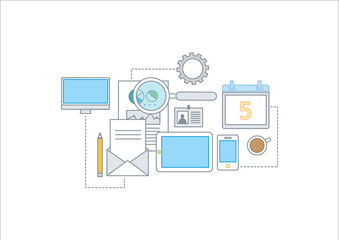 Simple line illustration of a modern business concept set