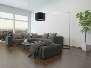 Living room interior w. gray couch and floor lamp