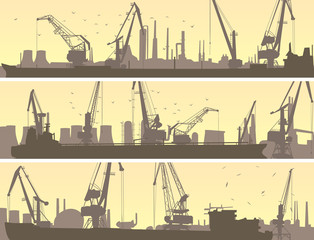 Vector banners of industrial port with cargo crane.