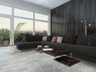 Living room interior black couch and dark wall